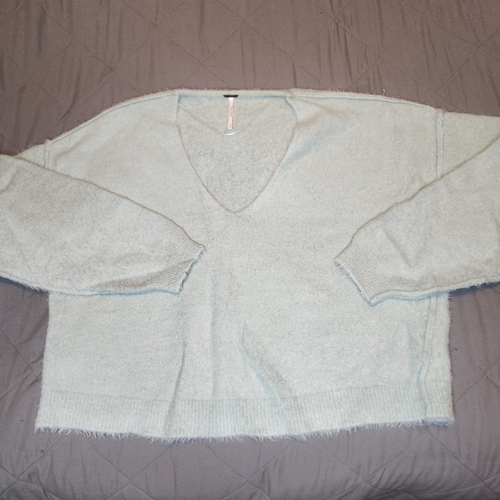 Free People Size M Long Sleeve Delicate Blue Princess Sweater V-Neck Fuzzy Cozy